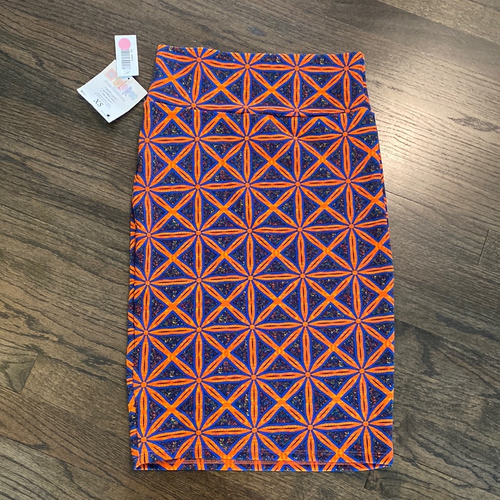 LuLaRoe Cassie Skirt Blue Orange Geometric XS NEW NWT Stretchy